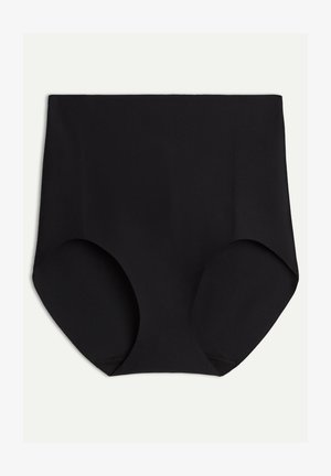 Culotte noire taille haute en tissu lisse. Dotée d'un design sans couture avec des côtés larges et une coupe modeste. Simple et classique.