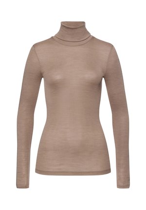 Maglione a collo alto marrone realizzato in materiale leggero e aderente con maniche lunghe e scollo stretto, caratterizzato da una superficie liscia e cuciture minime.