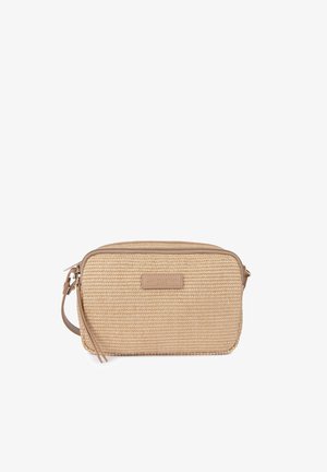 Small rectangular beige woven crossbody bag with zipper closure and adjustable strap, front logo patch, on white background.