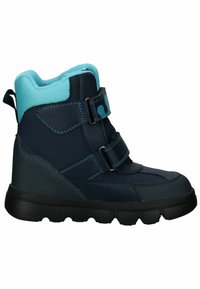Stivali blu e neri a metà polpaccio con fibbie in velcro, materiale sintetico testurizzato e suola in gomma con un modello di battistrada resistente.