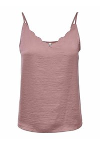 Ljusrosa ärmlös topp med scallopad halsringning och tunna axelband, med ett texturerat tyg. Lämplig för vardagsbruk.