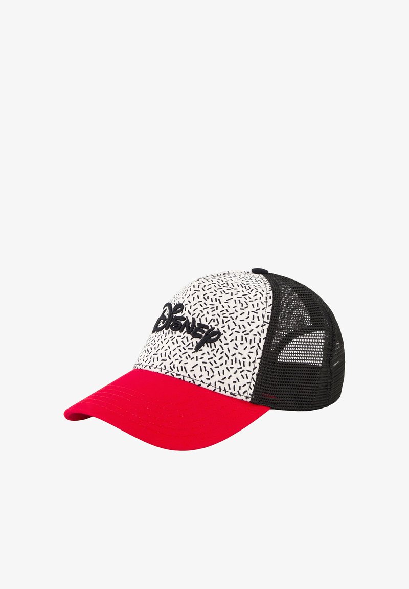 Casquette de baseball avec visière rouge, panneau avant blanc avec petits points noirs, dos en mesh noir et logo Disney brodé noir sur le devant.