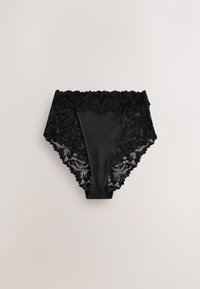 Schwarze Spitzen-Damenunterwäsche mit hoher Taille, mit solidem Frontpanel und floralen Spitzendetails an den Seiten und am Bund.
