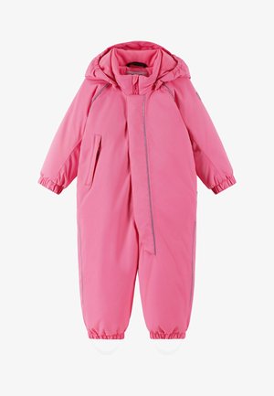 Różowy wodoodporny kombinezon narciarski z zamkiem z przodu, elastycznymi mankietami, kapturem, dwoma bocznymi kieszeniami oraz odblaskowymi paskami wzdłuż szwów.