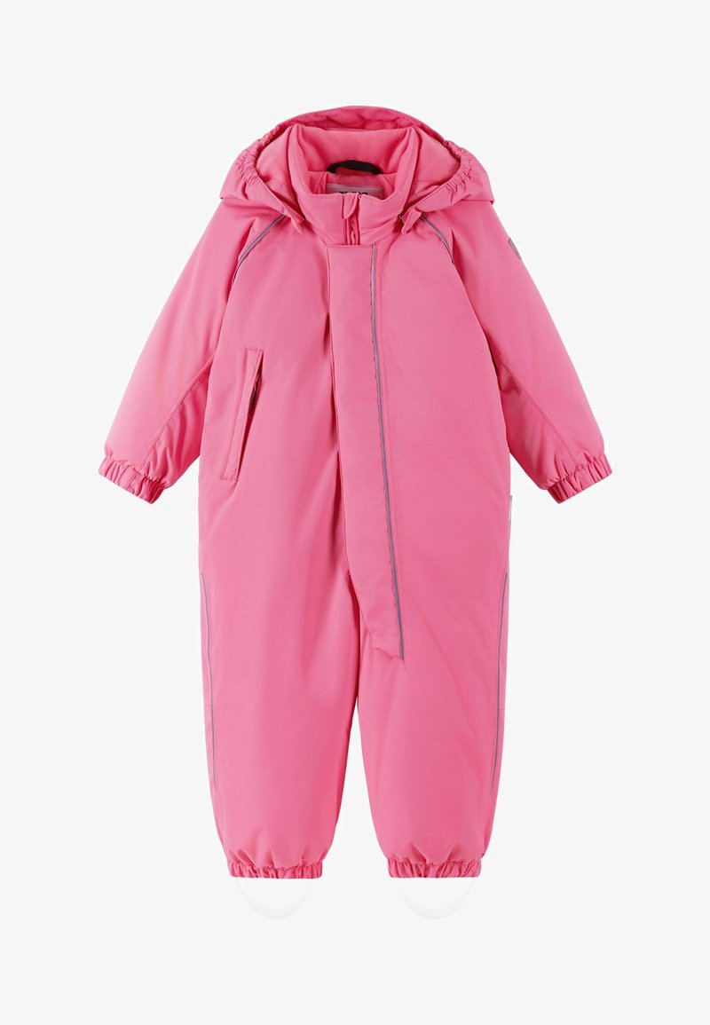 Różowy wodoodporny kombinezon narciarski z zamkiem z przodu, elastycznymi mankietami, kapturem, dwoma bocznymi kieszeniami oraz odblaskowymi paskami wzdłuż szwów.
