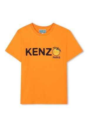 Oranje katoenen t-shirt met een ronde hals featuring 'KENZO' in vette zwarte letters en een sinaasappelillustratie boven 'PARIJS.'