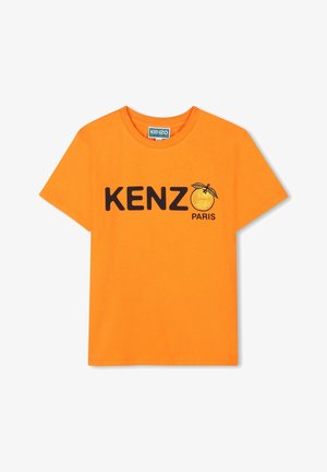 T-shirt en coton orange avec un col rond, présentant 'KENZO' en lettres noires en gras et un graphique d'orange au-dessus de 'PARIS'.