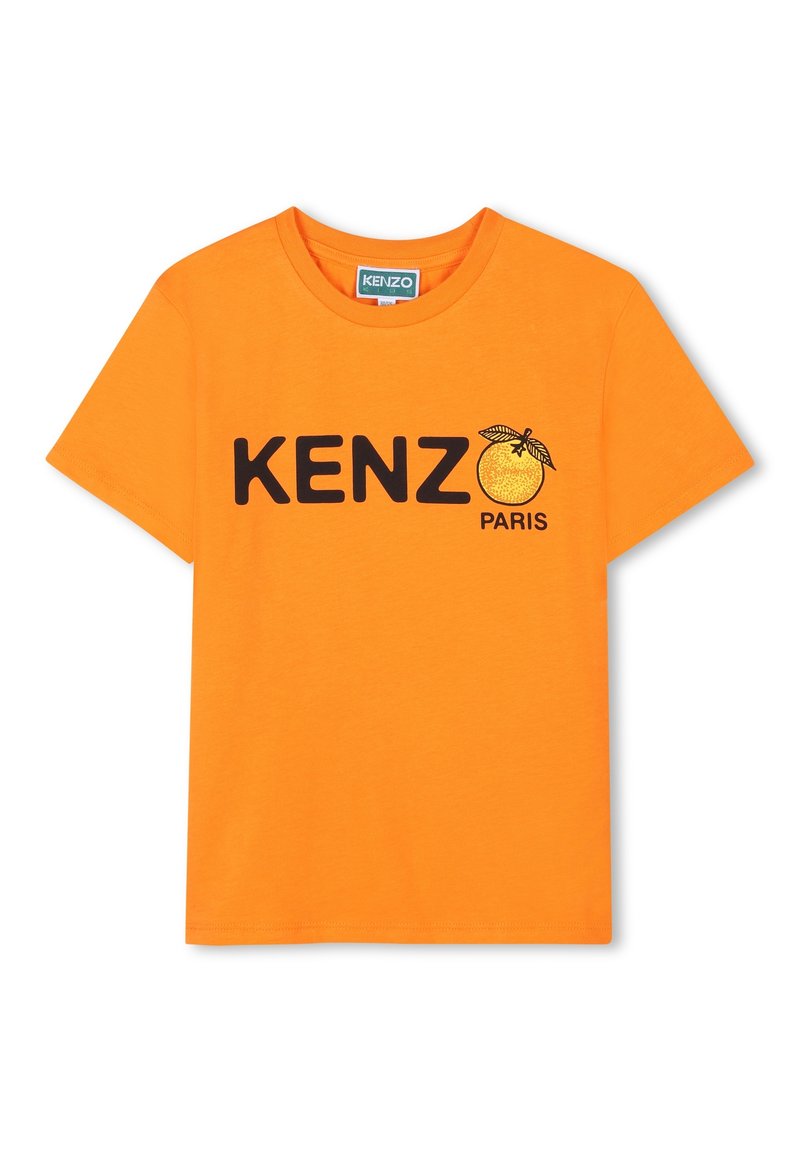 T-shirt en coton orange avec un col rond, présentant 'KENZO' en lettres noires en gras et un graphique d'orange au-dessus de 'PARIS'.