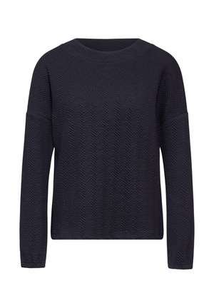 Granatowy sweter z długim rękawem o teksturowanym wzorze w jodełkę, okrągłym dekolcie i luźnym kroju, wykonany z miękkiej, oddychającej tkaniny.