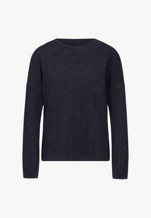 Granatowy sweter z długim rękawem o teksturowanym wzorze w jodełkę, okrągłym dekolcie i luźnym kroju, wykonany z miękkiej, oddychającej tkaniny.
