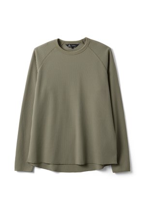 Maglia verde oliva a maniche lunghe in tessuto a nido d'ape con scollo rotondo, maniche raglan e orlo leggermente curvo.