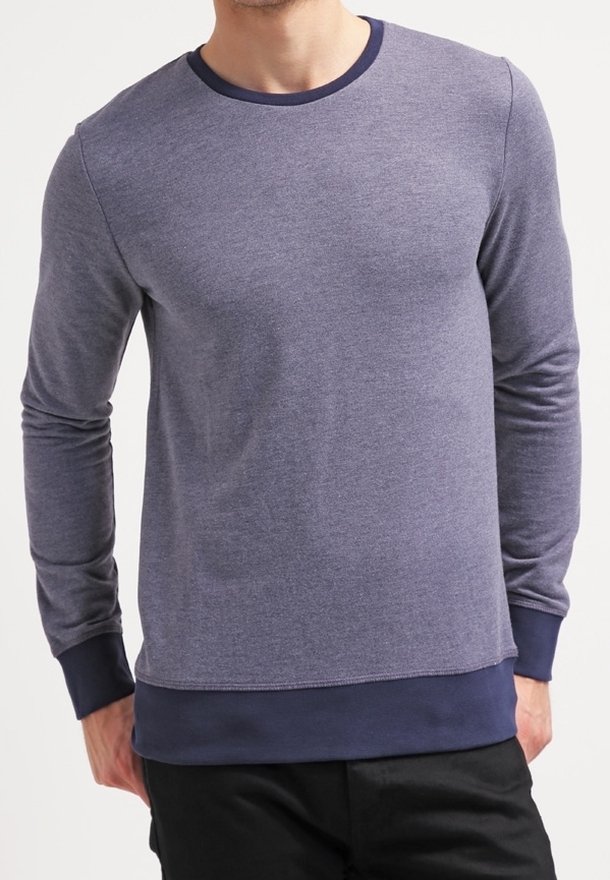 Felpa a maniche lunghe in tessuto blu scuro mélange, con colli e polsini in un tonalità di blu navy a contrasto. Texture morbida e vestibilità rilassata.