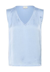Haut sans manches bleu clair avec un col en V, fabriqué à partir d'un tissu lisse. Présente une texture subtile et des lignes épurées, sans embellissements supplémentaires.