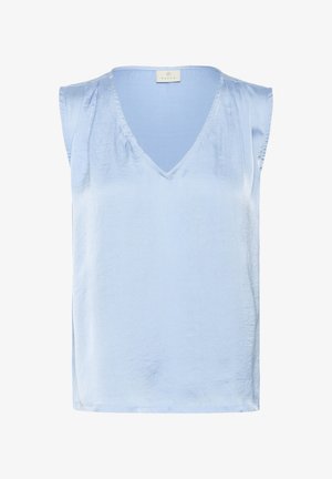 Haut sans manches bleu clair avec un col en V, fabriqué à partir d'un tissu lisse. Présente une texture subtile et des lignes épurées, sans embellissements supplémentaires.