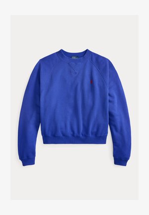 Modra majica s posadko in dolgimi rokavi, rebrastimi manšetami in robom ter majhnim rdečim vezenim logotipom na levi strani prsnega koša.