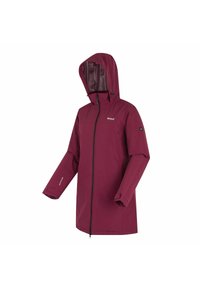 Veste longue imperméable bordeaux pour femmes, avec capuche, fermeture éclair complète à l'avant et poignets réglables, conçue pour un usage en extérieur.