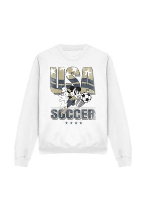 Weißer Sweatshirt mit "USA" in Camouflage-Buchstaben, eine Comic-Maus, die einen Fußball kickt, und "SOCCER" mit vier Sternen darunter.