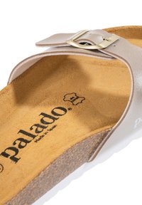 Guld- och grå läder flip-flop sandal med spänne, korkfotbädd och vit gummisula; textlogotyp på innersulan.