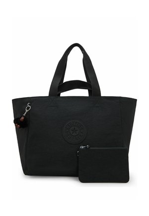 Borsa tote nera Kipling con due manici, portachiavi a forma di piccolo scimmietta di peluche attaccato e pochette abbinata con cerniera sul davanti.