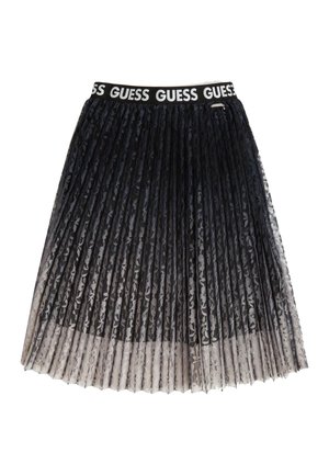 Czarna i beżowa plisowana spódnica z koronki z elastycznym paskiem w talii, zdobiona powtarzającym się białym logo "GUESS" oraz małym metalowym suwakiem.