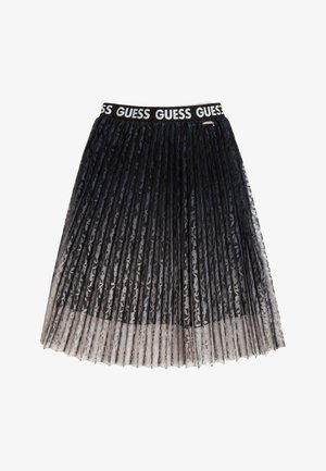 Jupe plissée en dentelle noire et beige avec taille élastique ornée du logo blanc "GUESS" répété et un petit détail de fermeture éclair en métal.