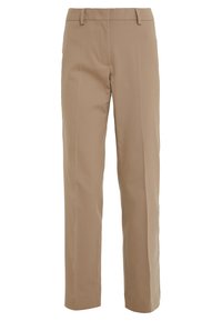 Pantalons beige ajustés avec des jambes droites, passants de ceinture, poches avant et une texture lisse. Pas de motifs ni d'accents visibles.