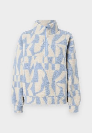 Blauwe en crème pullover van fleece, met een geometrisch patroon, hoge kraag en halve rits. Zachte textuur en een relaxte pasvorm.