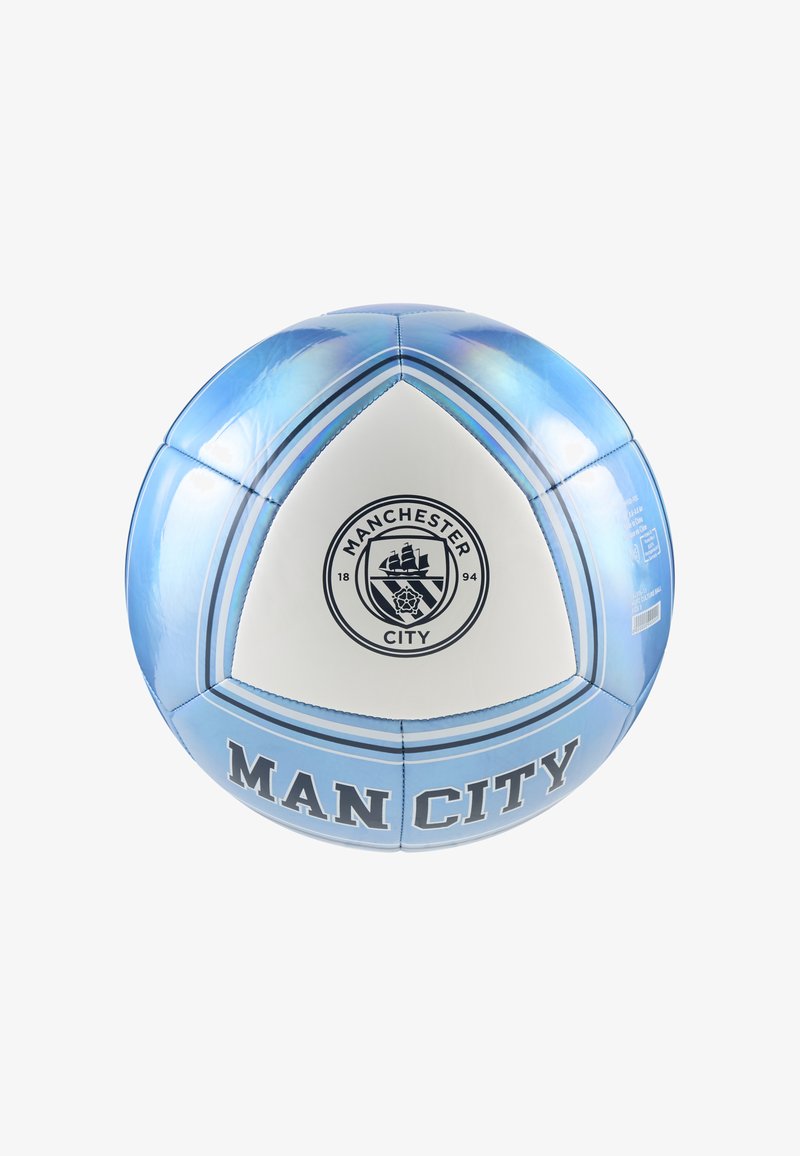 Blauer und weißer Fußball mit dem Logo des Manchester City FC und dem Text „MAN CITY“ auf weißem Hintergrund.