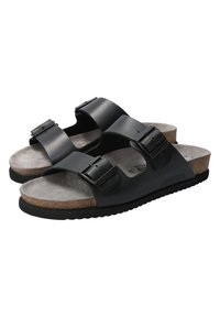 Zwarte leren sandalen met twee verstelbare banden met gespen, een grijze suede voetbed en een kurken tussenzool op een gestructureerde zwarte loopzool.