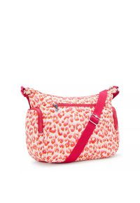 Handväska med leopardmönster i rosa och orange nyanser, tillverkad av slitstarkt tyg. Har ett dragkedjeförsett lock och en justerbar rosa axelrem.