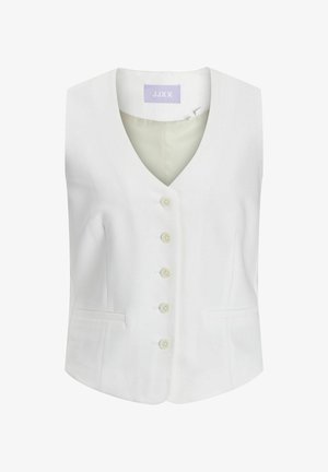 White vest with a v-neck, featuring five buttons, two side pockets, and a smooth texture. Label reads "JJXX" in purple.