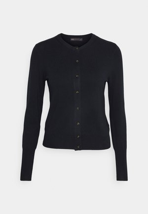 Navy-blaues Strickjacke mit Rundhalsausschnitt, Knopfverschluss vorne und langen Ärmeln. Hergestellt aus weichem Stoff mit geripptem Saum und B�ündchen.