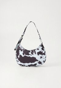 Lielgabala soma gaiši zilā audumā ar melnu govs rakstu. Aprīkota ar vienu regulējamu siksnu un sudraba tonētiem metāla elementiem. Gluda tekstūra.