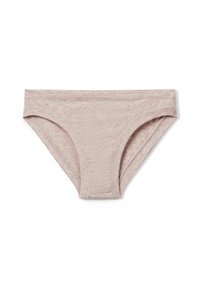 Slip bikini in cotone beige chiaro con una leggera mescolanza, caratterizzati da una superficie liscia e da un delicato motivo melange, con un taglio classico e una fascia alta.