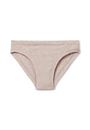Culotte de bikini en mélange de coton beige clair présentant une texture lisse et un motif chiné subtil, avec une coupe classique et une large ceinture.