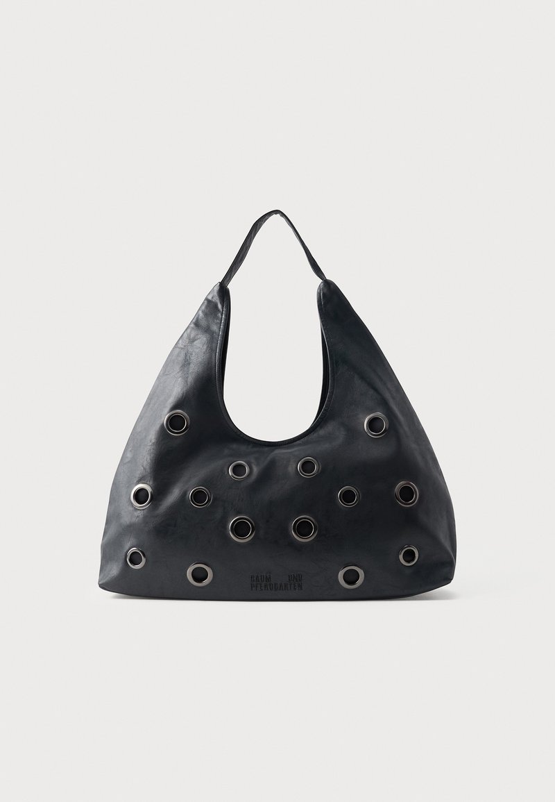 Μαύρη δερμάτινη τσάντα ώμου με μεγάλους κυκλικούς μεταλλικούς κρίκους ομοιόμορφα τοποθετημένους στην μπροστινή όψη και μονό λουράκι.