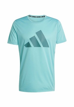 Light blue athletic t-shirt made of moisture-wicking fabric featuring a large dark gray Adidas logo on the front, short sleeves, and a crew neckline.