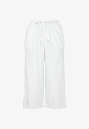 Białe spodnie o szerokich nogawkach z elastycznym paskiem i sznurkiem do wiązania, wyposażone w boczne kieszenie i luźny krój.