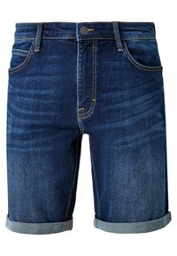 Tummansiniset farkkushortsit suoralinjaisella leikkuulla, käännetyillä helmillä ja kontrastivärisillä ompeleilla. sisältää viisi taskua ja nappisulun.