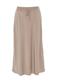 Langer, beiger Rock aus glänzendem Material mit einem gerafften, elastischen Bund und verstellbarem Kordelzug. Glatte Textur und fließendes Design.