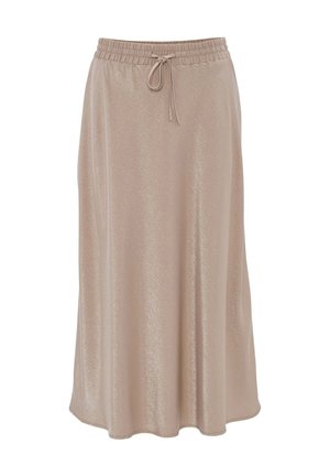 Langer, beiger Rock aus glänzendem Material mit einem gerafften, elastischen Bund und verstellbarem Kordelzug. Glatte Textur und fließendes Design.