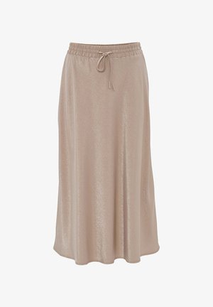 Langer, beiger Rock aus glänzendem Material mit einem gerafften, elastischen Bund und verstellbarem Kordelzug. Glatte Textur und fließendes Design.