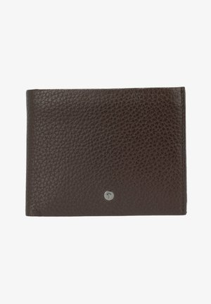 Bruine leren portemonnee met een gekorrelde textuur. Voorzien van een klein, zilverkleurig logo aan de voorkant. Compact bi-fold ontwerp.