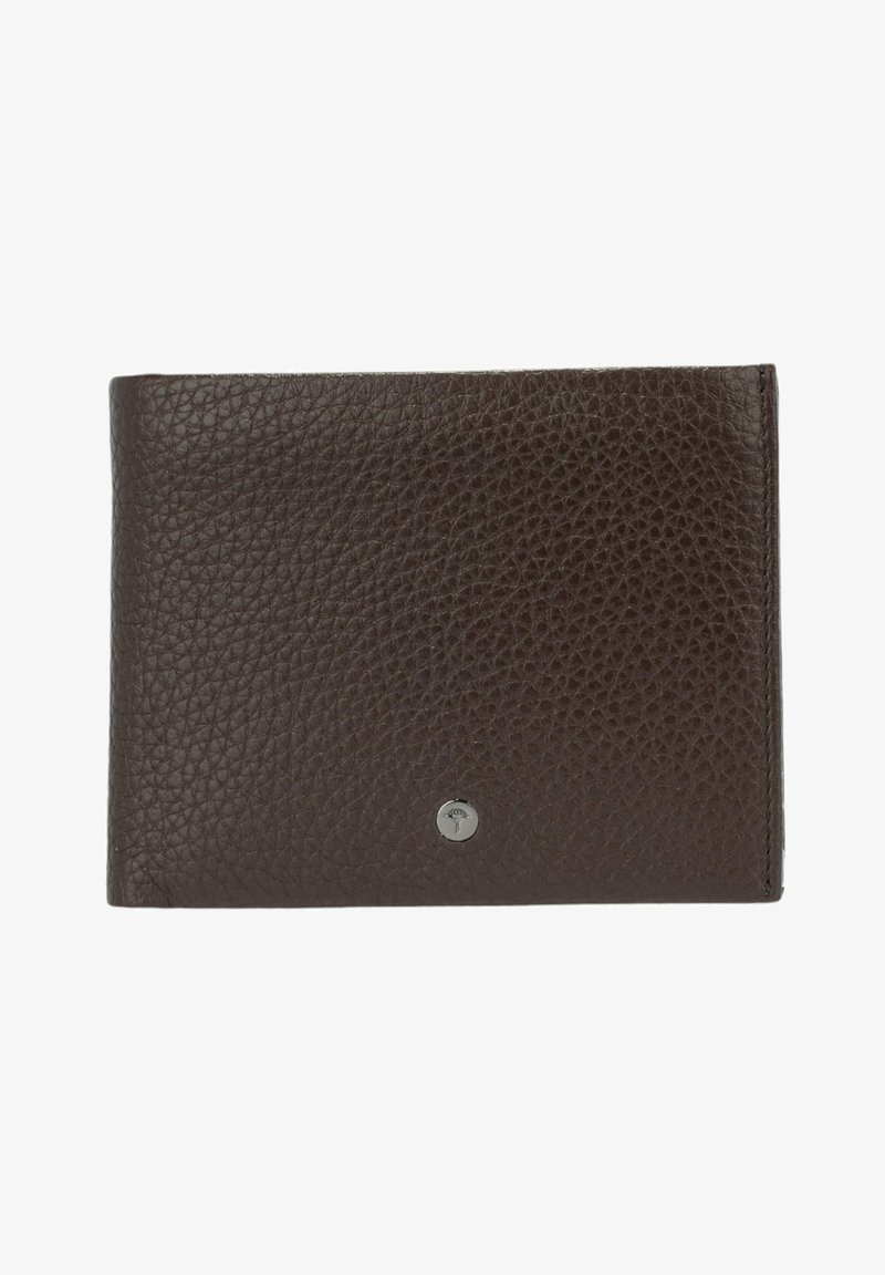 Portafoglio in pelle marrone con una texture granulosa. Presenta un piccolo logo argentato sulla parte anteriore. Design compatto a doppia piega.