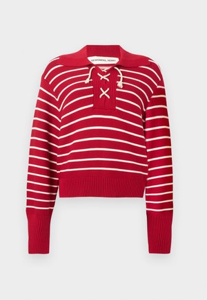 Rot-weiß gestreifter Strickpullover mit horizontalen Streifen, Kragen und Schnürdetail vorne, langen Ärmeln sowie gerippten Bündchen und Saum.