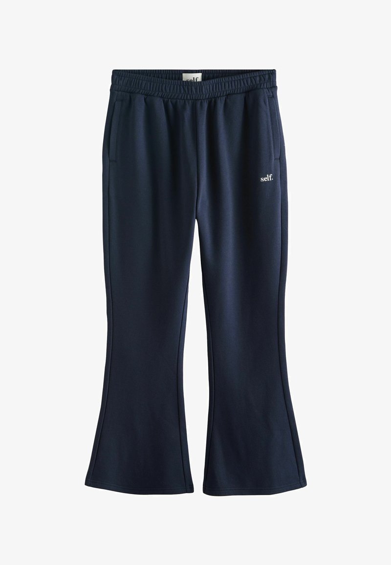 Granatowe dresy o rozszerzanych nogawkach, z elastycznym pasem i dwoma bocznymi kieszeniami. Małe logo "self." po boku.