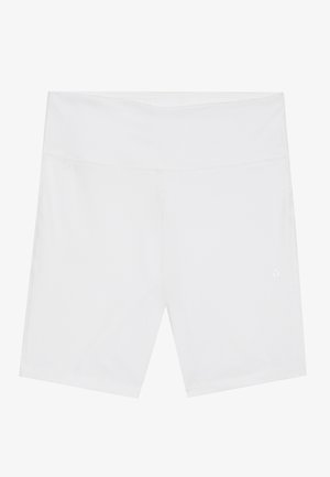 Hvide atletiske shorts med en glat tekstur og en bred elastisk talje. Har minimal syning og et lille logo på den nederste side.