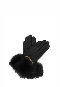 Melnas ādas cimdi ar pūkainu melnu kažoku piepirkstiem un zelta ķēdes akcents uz plaukstas, pieci pirkstu izgriezumi ērtai nēsāšanai.