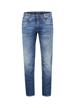 Blue tapered fit jeans with faded wash, five pockets, button closure, and belt loops, displayed front-facing on white background.
