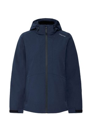 Tmavě modrá outdoorová bunda s kapucí, předním zipem, nastavitelnými manžetami a logem North Bend na pravé straně hrudi.